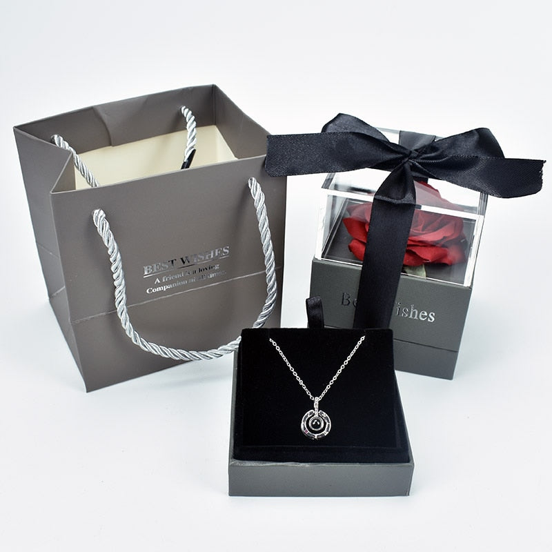 Unfade flower rose Jewelry Box with Surprise 100 Languages I Love you Necklace Strange Gift For Mother girlfriend