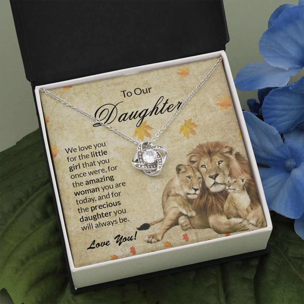 to our daughter necklace, we love you for the little girlthat you once were the love knot necklace