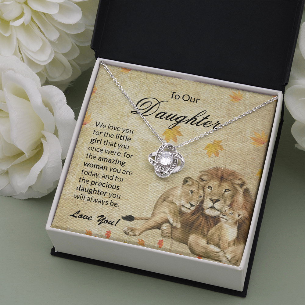 to our daughter necklace, we love you for the little girlthat you once were the love knot necklace