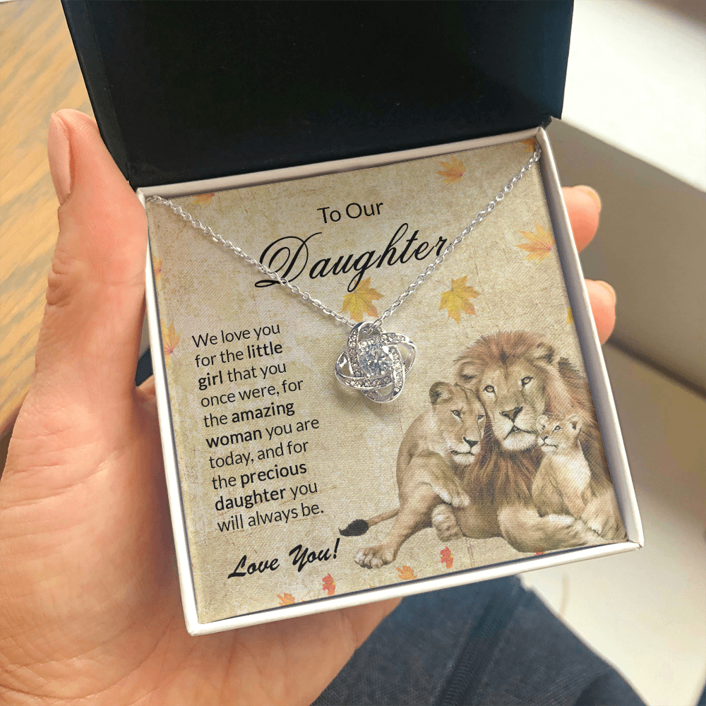 to our daughter necklace, we love you for the little girlthat you once were the love knot necklace