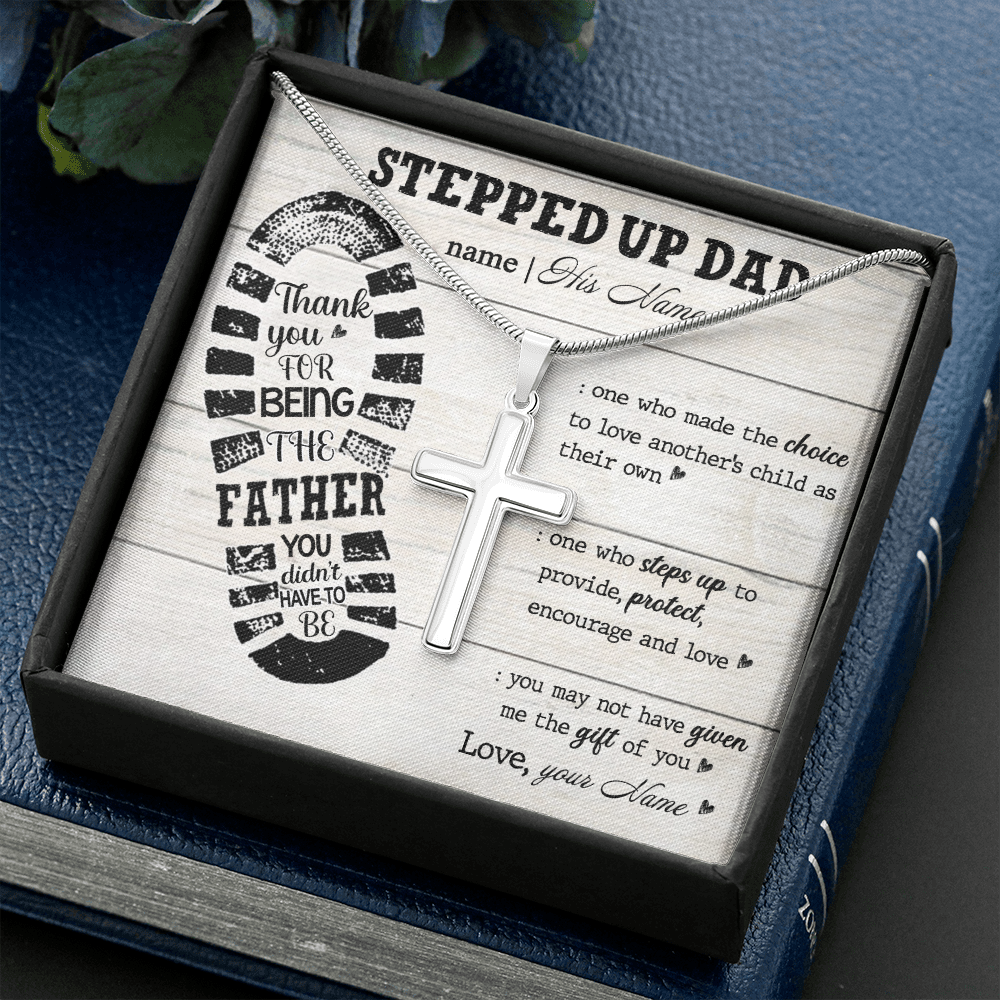 personalized to my stepped up dad necklace, thank you for being the father you didn't have to be (white wood) Stainless Steel Cross Necklace