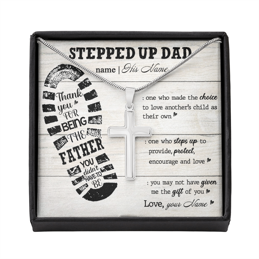 personalized to my stepped up dad necklace, thank you for being the father you didn't have to be (white wood) Stainless Steel Cross Necklace