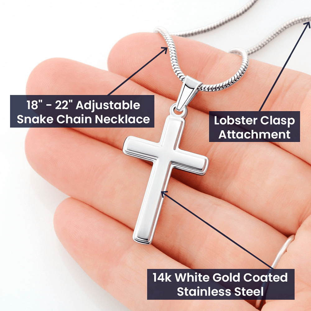 personalized to my stepped up dad necklace, thank you for being the father you didn't have to be (white wood) Stainless Steel Cross Necklace
