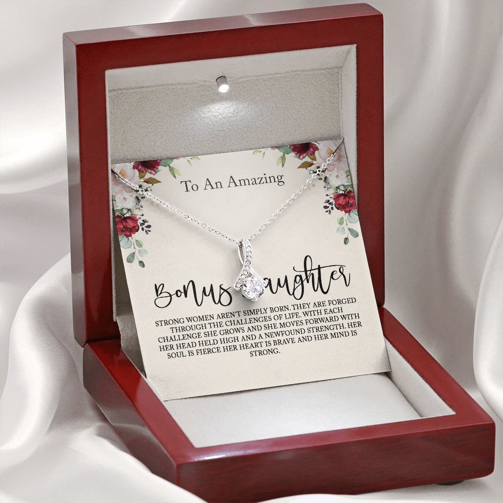 to my bonus daughter necklace, storng women aren't simply born alluring beauty necklace, gifts for my bonus daughter
