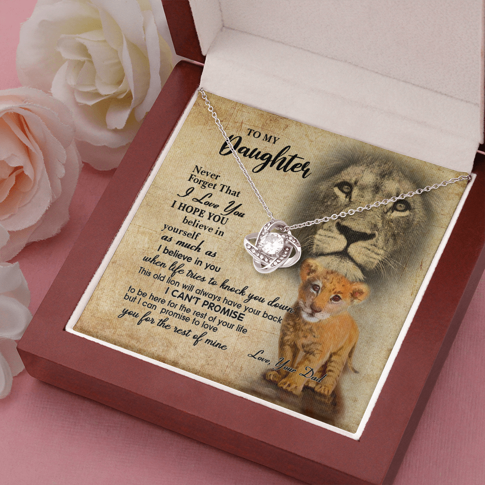 to my daughter necklace, this old lion will always have your back the love knot necklace