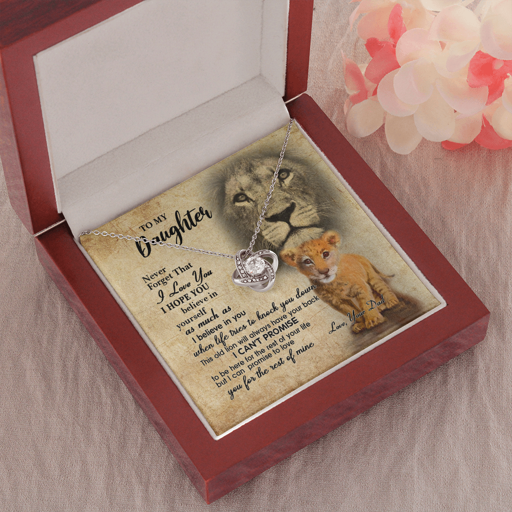 to my daughter necklace, this old lion will always have your back the love knot necklace