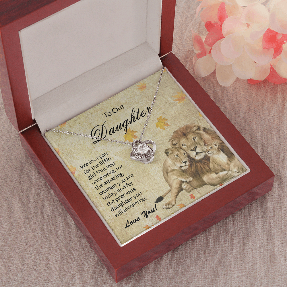 to our daughter necklace, we love you for the little girlthat you once were the love knot necklace