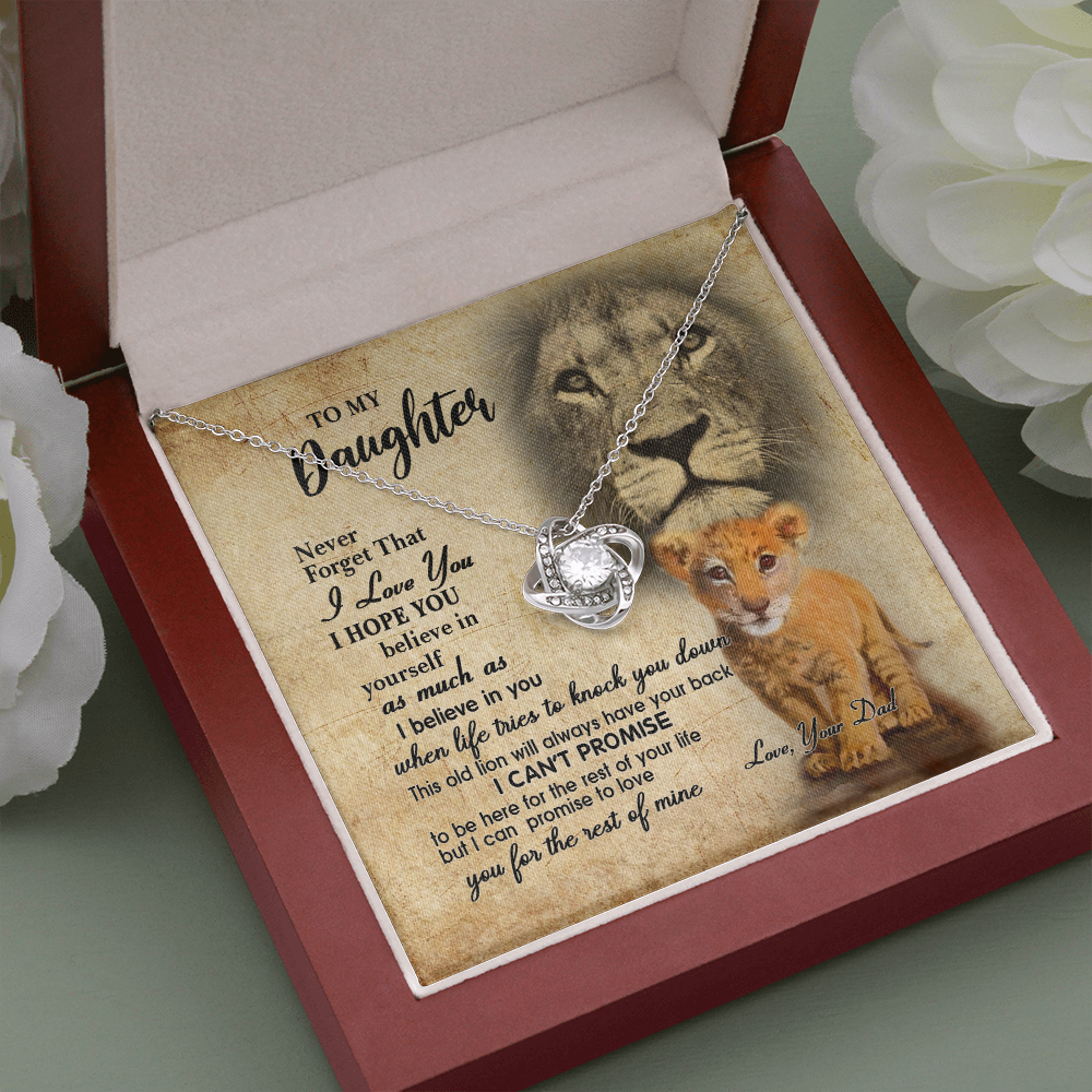 to my daughter necklace, this old lion will always have your back the love knot necklace