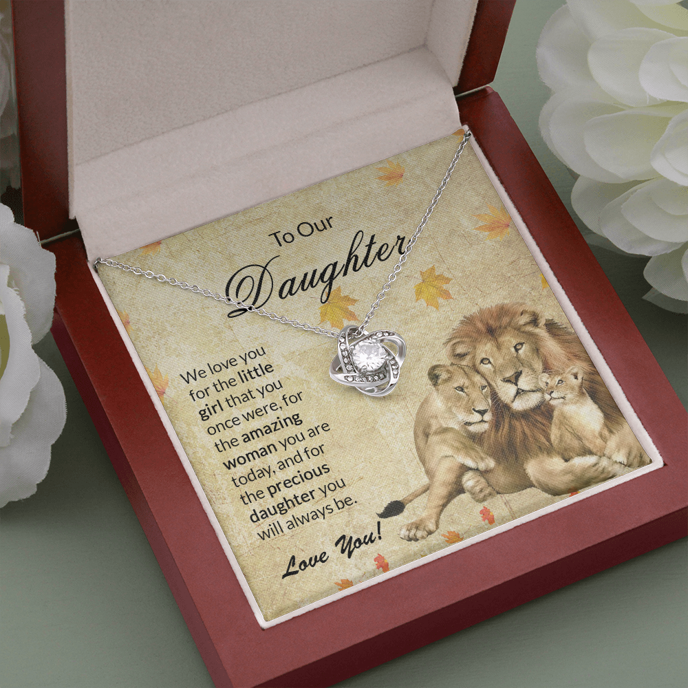 to our daughter necklace, we love you for the little girlthat you once were the love knot necklace