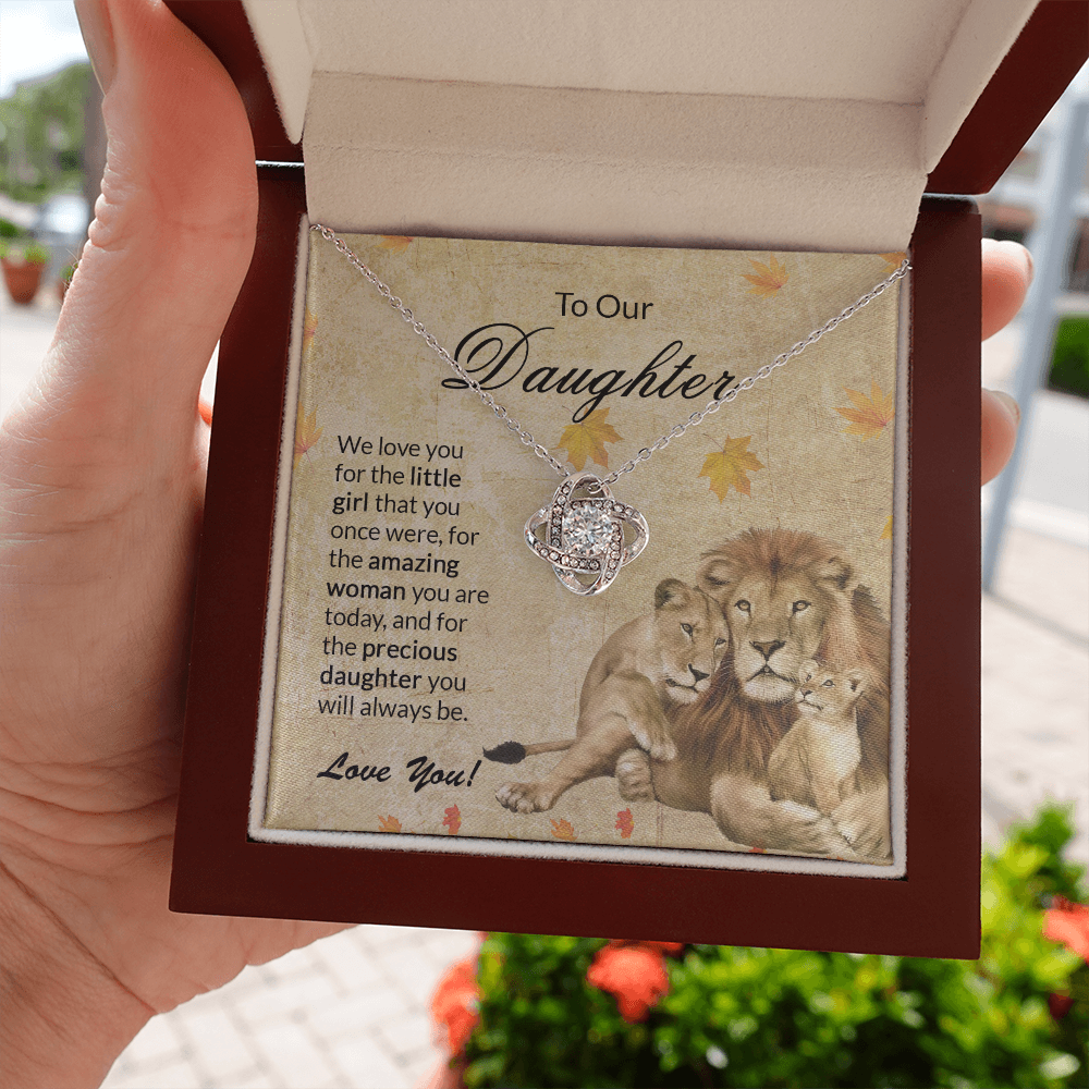 to our daughter necklace, we love you for the little girlthat you once were the love knot necklace