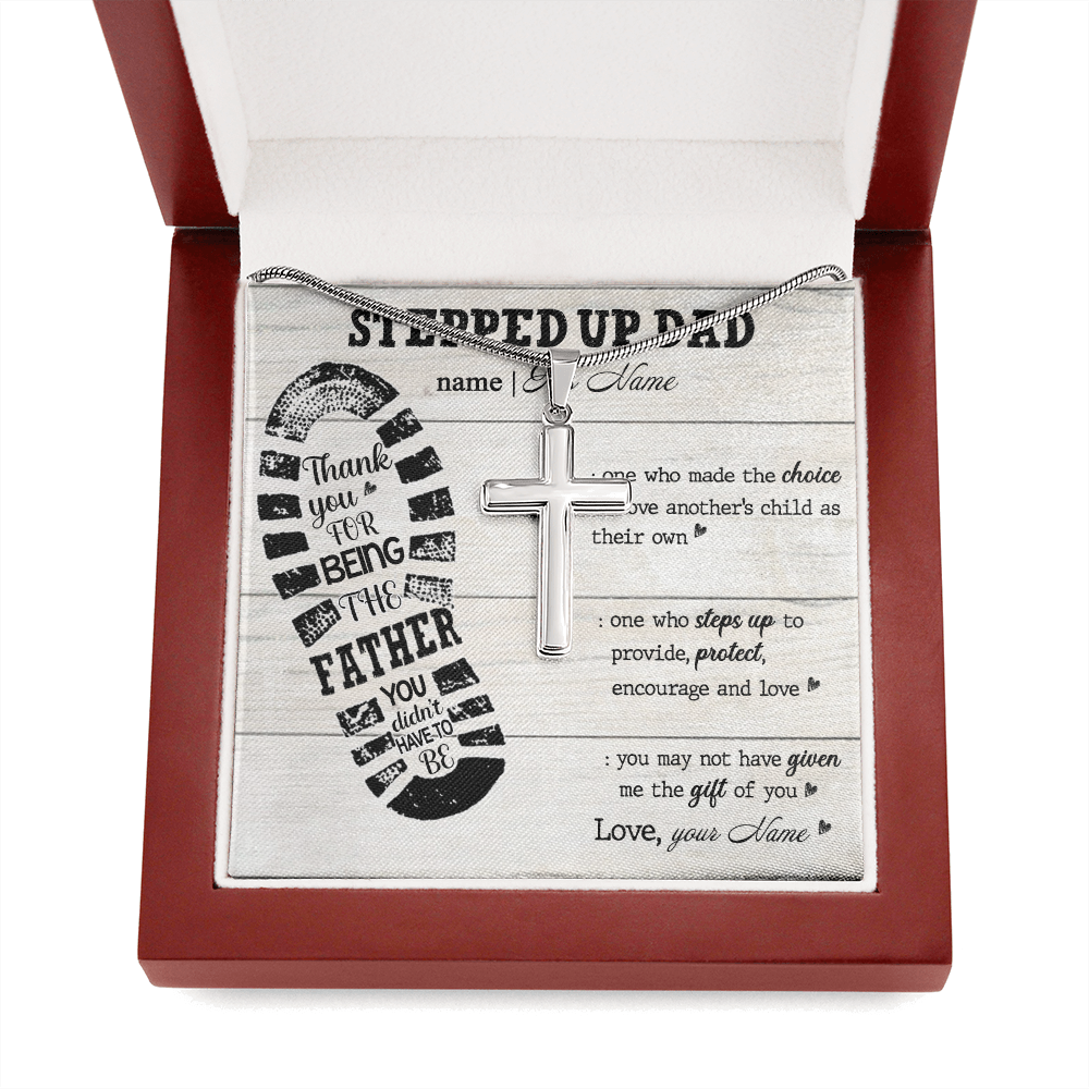 personalized to my stepped up dad necklace, thank you for being the father you didn't have to be (white wood) Stainless Steel Cross Necklace