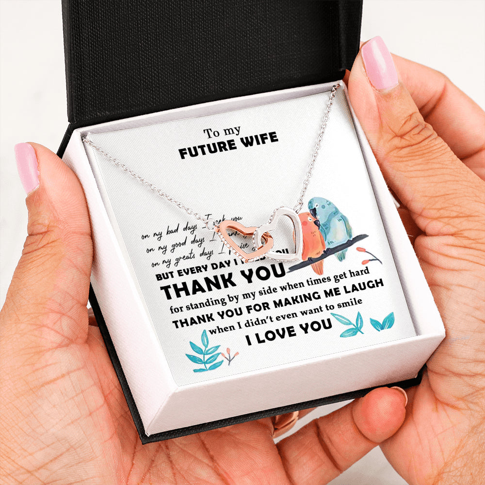 AZTeam Meaningful Quote Interlocked Heart Necklace - to My Future Wife - Thank You for Making Me Laugh Best Birthday Gift for Your On Birthday
