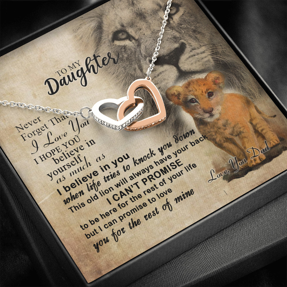 From Dad To My Daughter Lion Saying Interlocking Hearts Necklace – Lion Dad Daughter Matching Quote Necklace; Gift for Birthday,Christmas,Valentine's Day,Mother's day,Father's Day,Thanksgiving