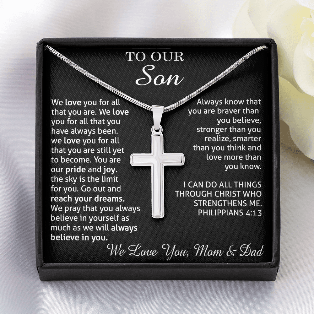to our son necklace from mom and dad, we love you for all that you are stainless steel cross necklace