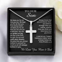 Thumbnail for to our son necklace from mom and dad, we love you for all that you are stainless steel cross necklace