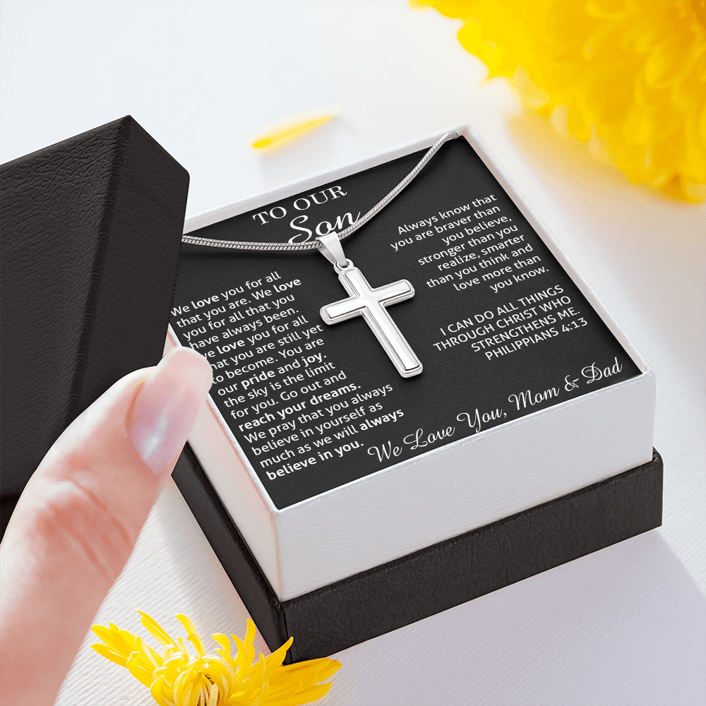 to our son necklace from mom and dad, we love you for all that you are stainless steel cross necklace