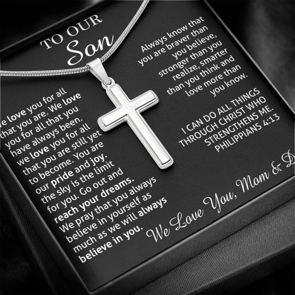 to our son necklace from mom and dad, we love you for all that you are stainless steel cross necklace