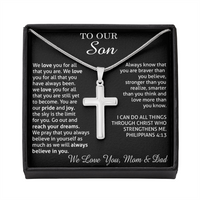 Thumbnail for to our son necklace from mom and dad, we love you for all that you are stainless steel cross necklace