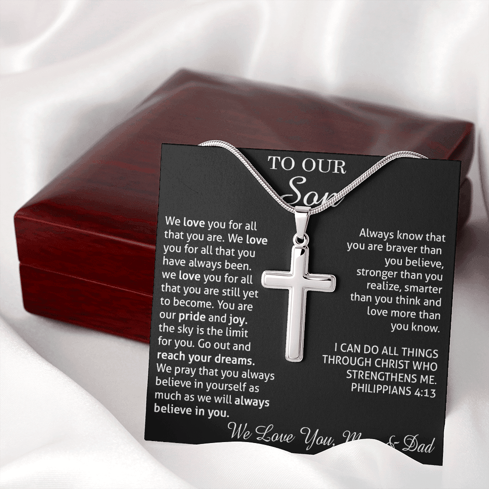 to our son necklace from mom and dad, we love you for all that you are stainless steel cross necklace