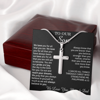 Thumbnail for to our son necklace from mom and dad, we love you for all that you are stainless steel cross necklace
