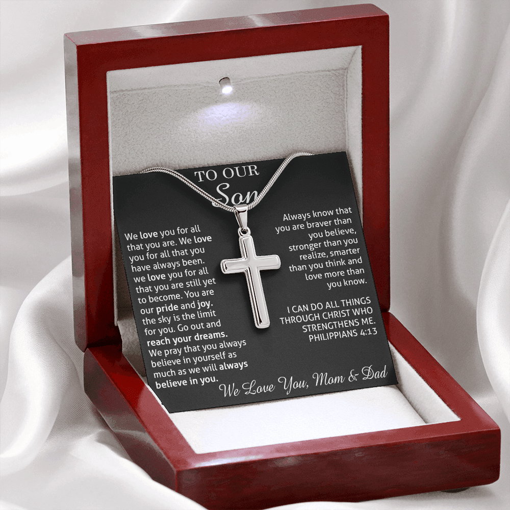 to our son necklace from mom and dad, we love you for all that you are stainless steel cross necklace