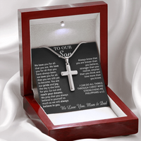 Thumbnail for to our son necklace from mom and dad, we love you for all that you are stainless steel cross necklace
