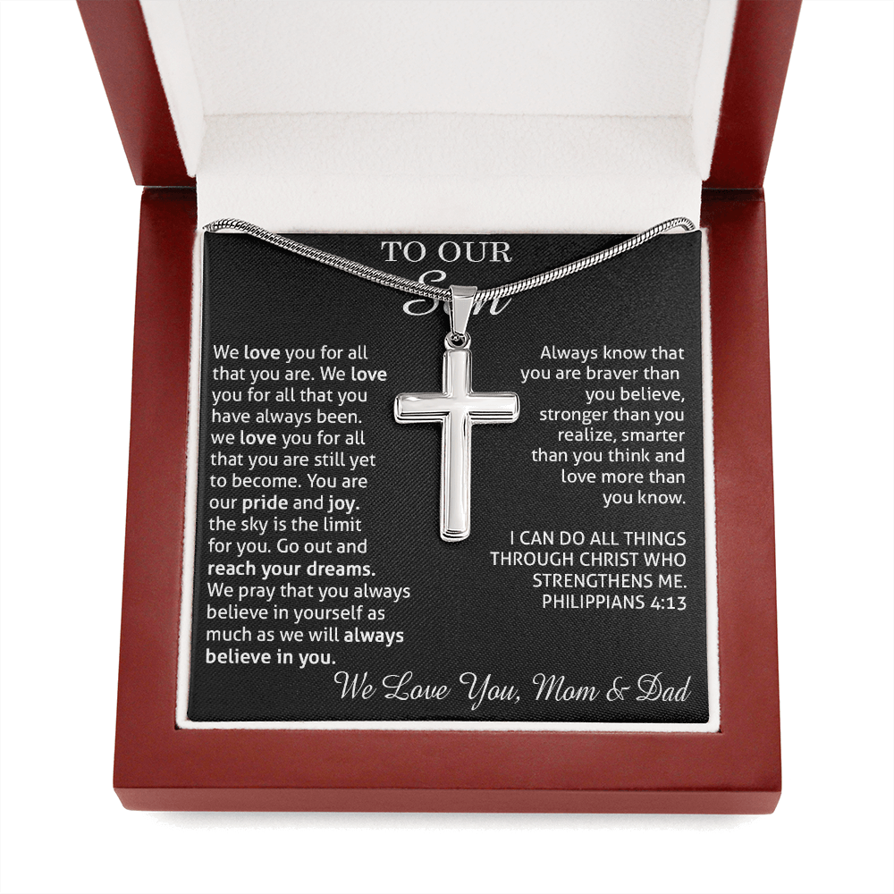 to our son necklace from mom and dad, we love you for all that you are stainless steel cross necklace