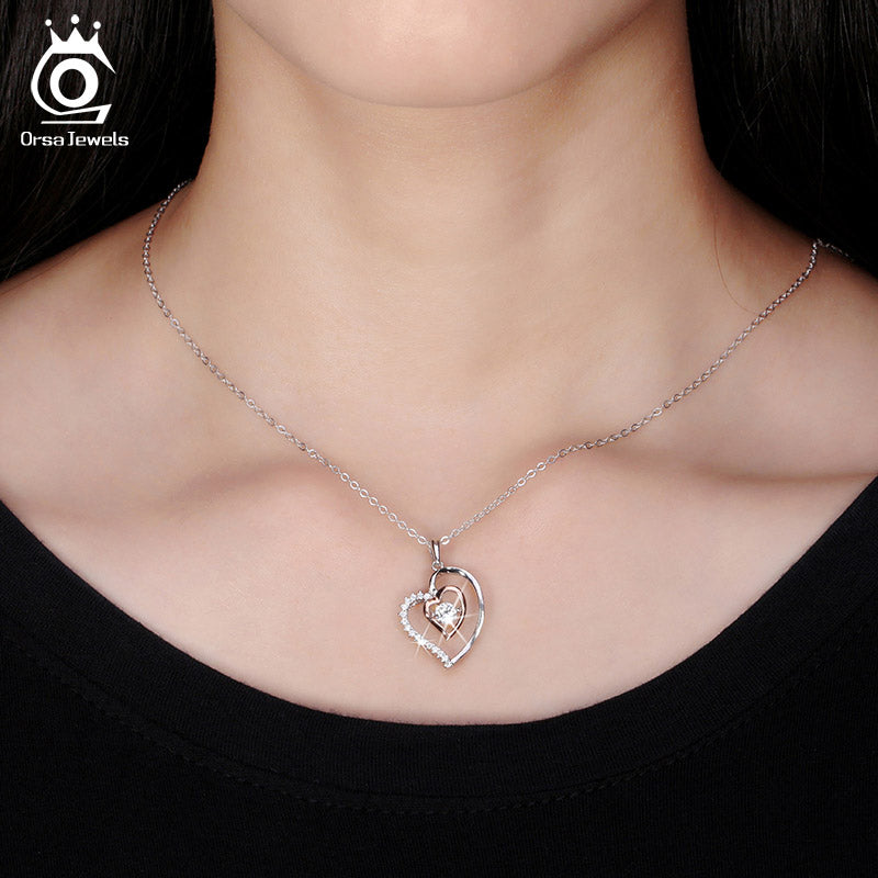 925 Silver Double Heart Pendant Necklace for Girlfriend, Wife- Gifts Ideas for her